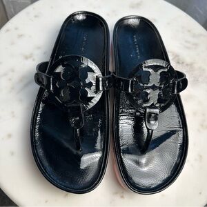 Tory Burch Miller Cloud Lug Black Patent Sandal 8.5